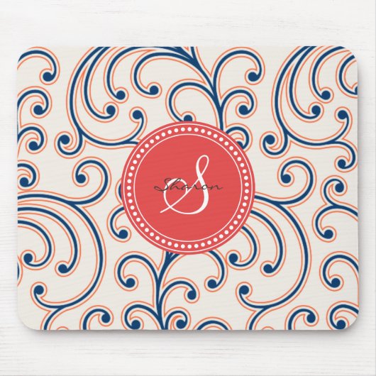 Elegant girly oranje blauw bloemenpatroonmonogram muismat (Voorkant)