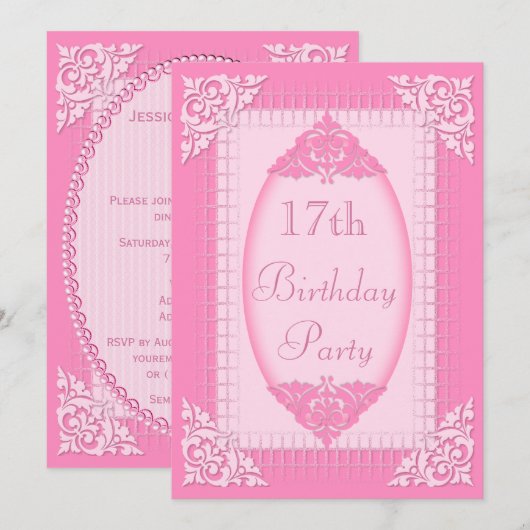 Elegant, Girly Pink 17th Birthday Kaart (Voorkant / Achterkant)