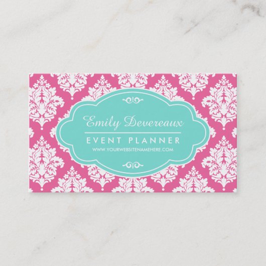 Elegant Girly Pink Damask gepersonaliseerd Visitekaartje (Voorkant)