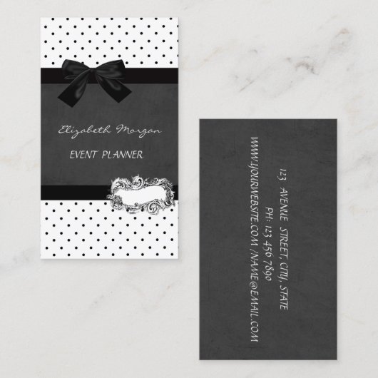Elegant Girly Professional, Polka Dots, Black Bow Visitekaartje (Voorkant / Achterkant)