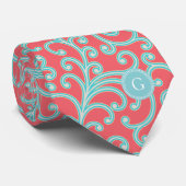 Elegant girly rood blauw bloemenpatroonmonogram stropdas (Opgerold)