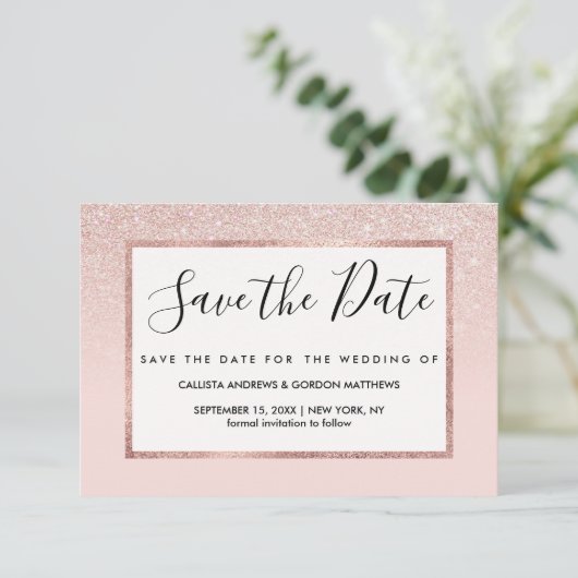 Elegant Girly Roos Gold Pink Save The Date (Staand voorkant)