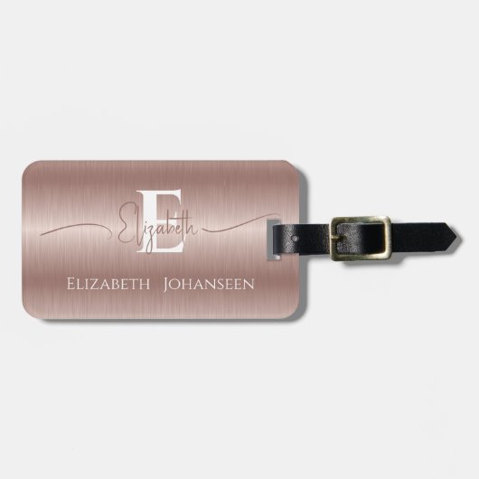 Elegant Girly Roos Goud Geborsteld Metaal Monogram Bagagelabel (Voorkant horizontaal)