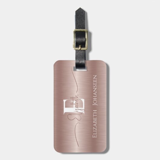 Elegant Girly Roos Goud Geborsteld Metaal Monogram Bagagelabel (Voorkant verticaal)