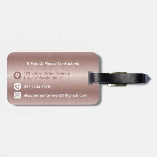 Elegant Girly Roos Goud Geborsteld Metaal Monogram Bagagelabel (Achterkant horizontaal)