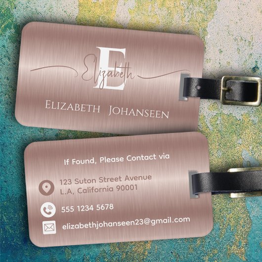 Elegant Girly Roos Goud Geborsteld Metaal Monogram Bagagelabel