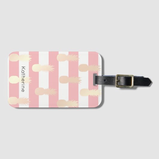 Elegant girly roos gouden anananaseptiel gestript bagagelabel (Voorkant (horizontaal))