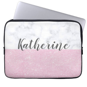 Elegant girly roos goudglitter witte marmer laptop sleeve