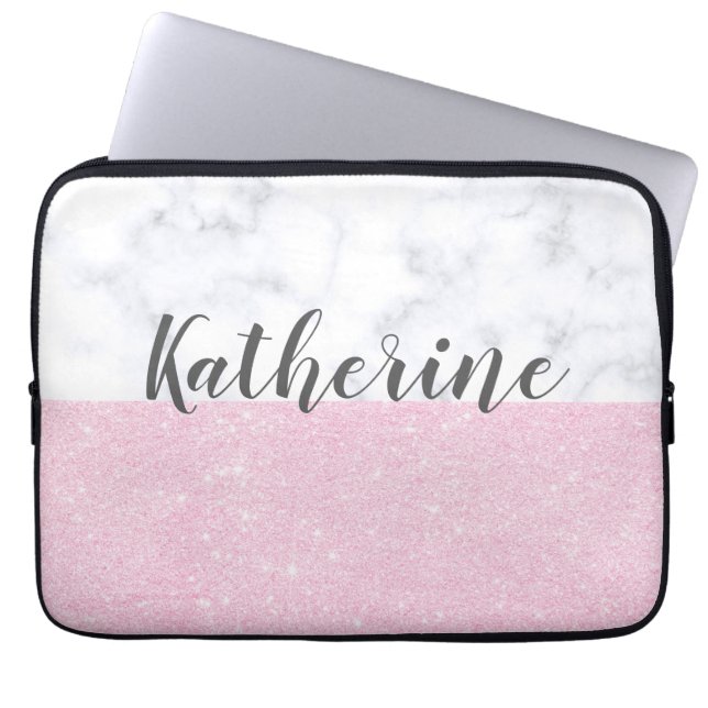 Elegant girly roos goudglitter witte marmer laptop sleeve (Voorkant)