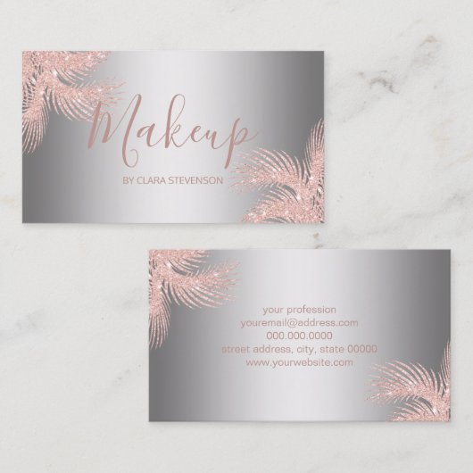 Elegant girly roos goudglitter zilveren palmmake-u visitekaartje (Voorkant / Achterkant)