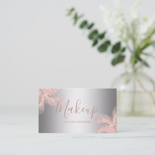 Elegant girly roos goudglitter zilveren palmmake-u visitekaartje (Staand voorkant)