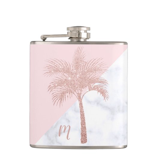 Elegant girly roos goudhandpalm witte marmer heupfles (Voorkant)