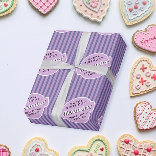 Elegant Girly Roze Paarse Popcorn Gestreept Patroo Cadeaupapier