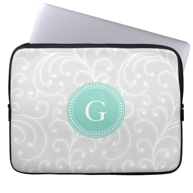 Elegant girly Silver Floral Monogram Laptop Sleeve (Voorkant)