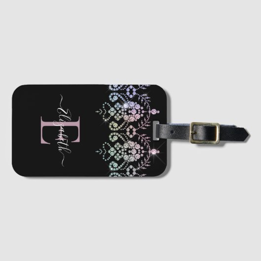 Elegant Girly Sparkle Monogram Naam Bagage Ta Bagagelabel (Voorkant (horizontaal))