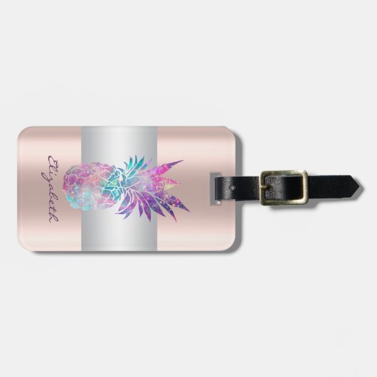 Elegant Girly Stripe, ananas Roos Gold Bagagelabel (Voorkant horizontaal)