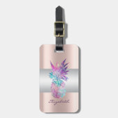 Elegant Girly Stripe, ananas Roos Gold Bagagelabel (Voorkant verticaal)