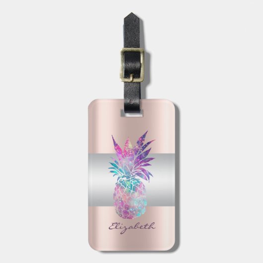 Elegant Girly Stripe, ananas Roos Gold Bagagelabel (Voorkant verticaal)