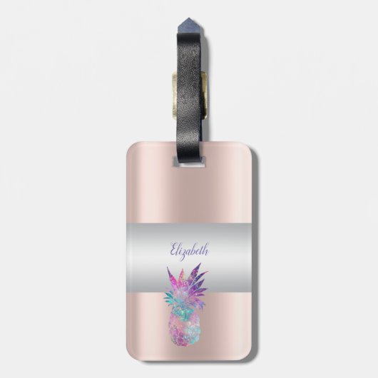 Elegant Girly Stripe, ananas Roos Gold Bagagelabel (Achterkant verticaal)