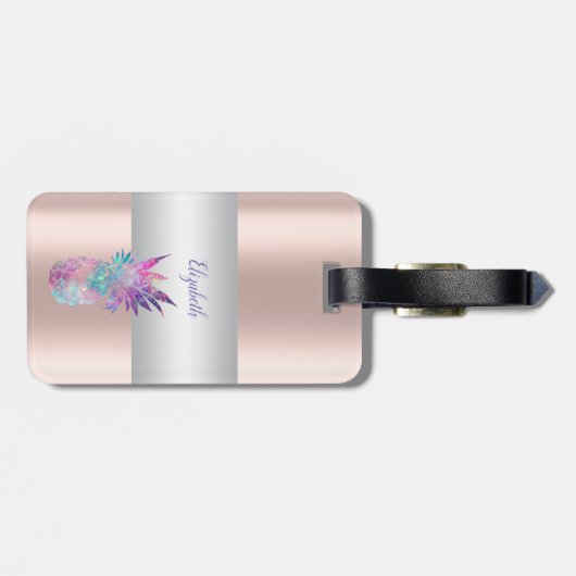 Elegant Girly Stripe, ananas Roos Gold Bagagelabel (Achterkant horizontaal)