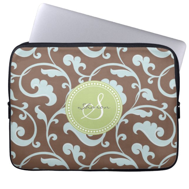 Elegant gironblauw bloemmonogram laptop sleeve (Voorkant)
