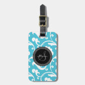 Elegant gironblauw wit floraalmonogram bagagelabel (Voorkant verticaal)