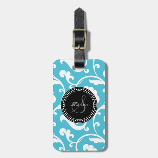 Elegant gironblauw wit floraalmonogram bagagelabel (Voorkant verticaal)