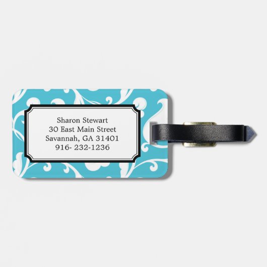 Elegant gironblauw wit floraalmonogram bagagelabel (Achterkant horizontaal)