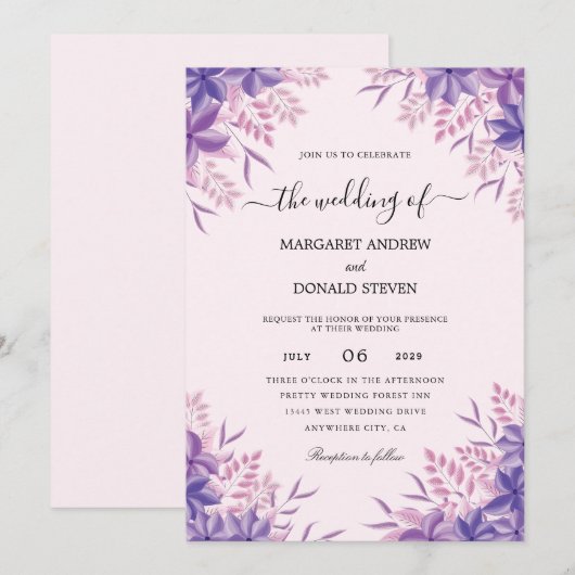 Elegant gladiolus paarse trouwuitnodigingen kaart (Voorkant / Achterkant)