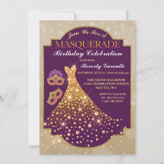 Elegant Glam Birthday Masquerade Invitation Kaart (Voorkant)