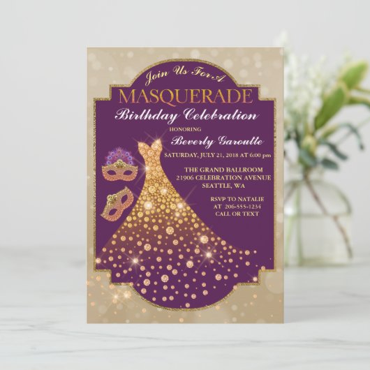 Elegant Glam Birthday Masquerade Invitation Kaart (Staand voorkant)