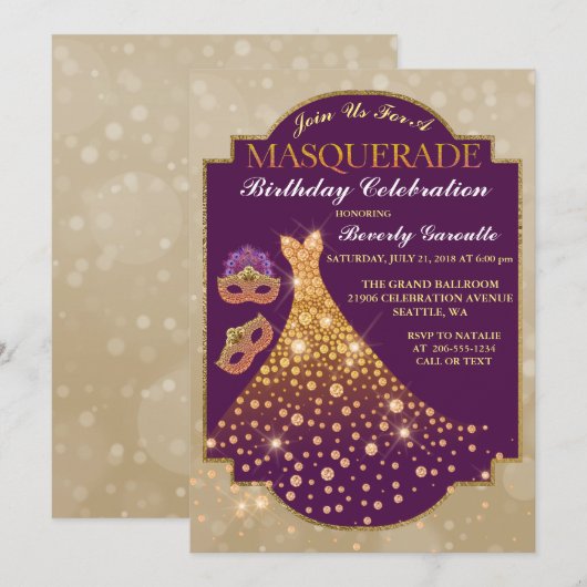 Elegant Glam Birthday Masquerade Invitation Kaart (Voorkant / Achterkant)