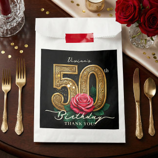 Elegant Glam Black Gold Red Rose 50th Birthday Bedankzakje