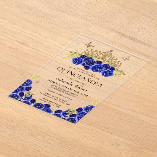 Elegant Glam Blauw Bloemen Goud Tiara Quinceanera Acryl Uitnodigingen (Laagn)