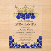 Elegant Glam Blauw Bloemen Goud Tiara Quinceanera Acryl Uitnodigingen (Voorkant)