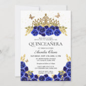 Elegant Glam Blauw Bloemen Goud Tiara Quinceanera Kaart (Voorkant)