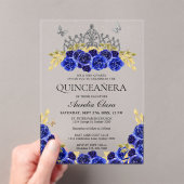 Elegant Glam Blauw Bloemen Zilver Tiara Quinceaner Acryl Uitnodigingen (Insitu (Draagbaar))