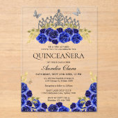 Elegant Glam Blauw Bloemen Zilver Tiara Quinceaner Acryl Uitnodigingen (Voorkant)