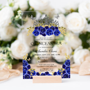 Elegant Glam Blauw Bloemen Zilver Tiara Quinceaner Acryl Uitnodigingen