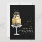 Elegant Glam Cake Florals Gold 50th Birthday Black Kaart (Voorkant)