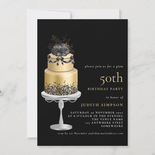 Elegant Glam Cake Florals Gold 50th Birthday Black Kaart (Voorkant)