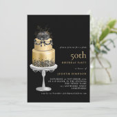 Elegant Glam Cake Florals Gold 50th Birthday Black Kaart (Staand voorkant)