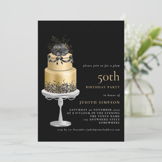 Elegant Glam Cake Florals Gold 50th Birthday Black Kaart (Staand voorkant)