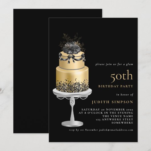 Elegant Glam Cake Florals Gold 50th Birthday Black Kaart (Voorkant / Achterkant)
