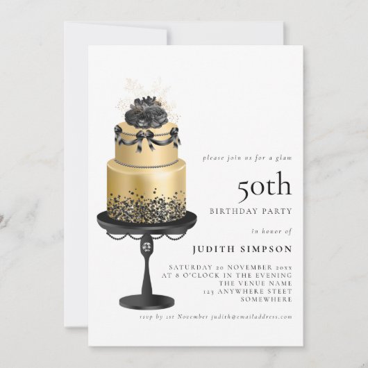 Elegant Glam Cake Florals Gold Black 50th Birthday Kaart (Voorkant)