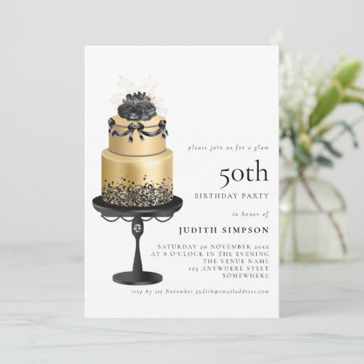 Elegant Glam Cake Florals Gold Black 50th Birthday Kaart (Staand voorkant)