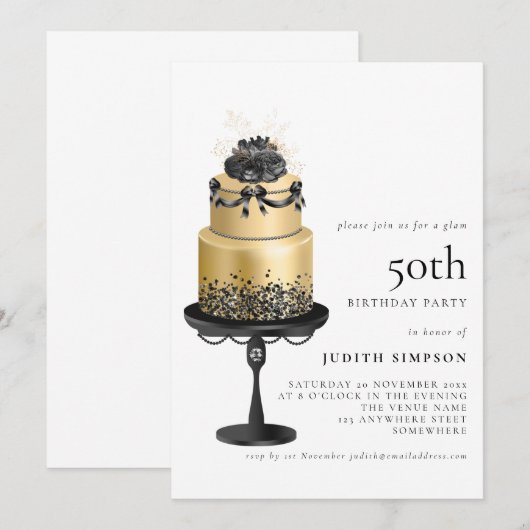 Elegant Glam Cake Florals Gold Black 50th Birthday Kaart (Voorkant / Achterkant)