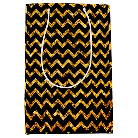 Elegant Glam Chevron Gold Black Glitter Sparkle Medium Cadeauzakje (Voorkant)