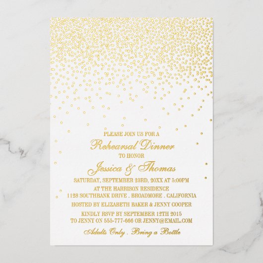 Elegant Glam Confetti bruiloft repetitie diner Folie Uitnodiging (Voorkant)