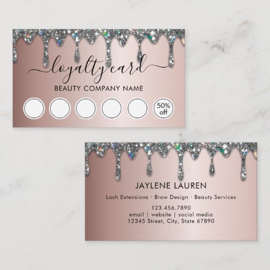 Elegant Glam Faux Silver Glitter Drift Loyalty Visitekaartje (Voorkant / Achterkant)